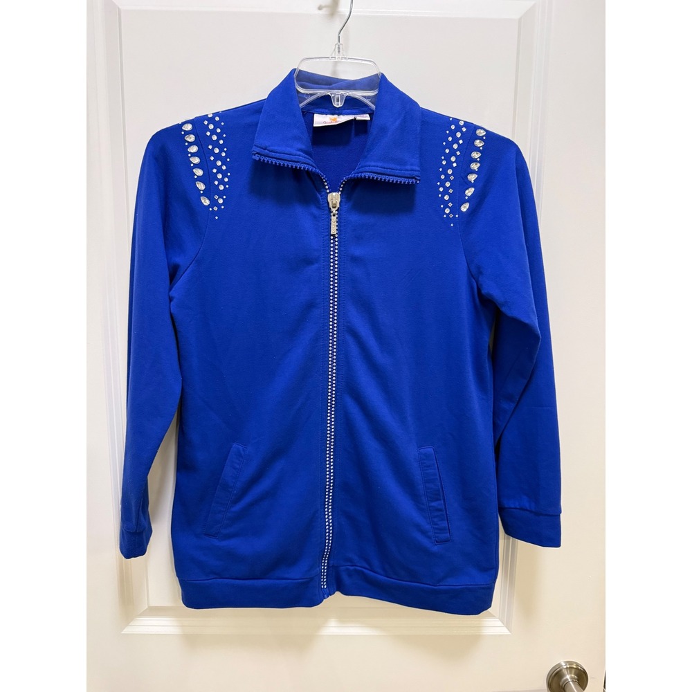 Quacker Factory Royal Blue Rhinestone Embellished‎ Zip Up Track Jacket Womens XS
